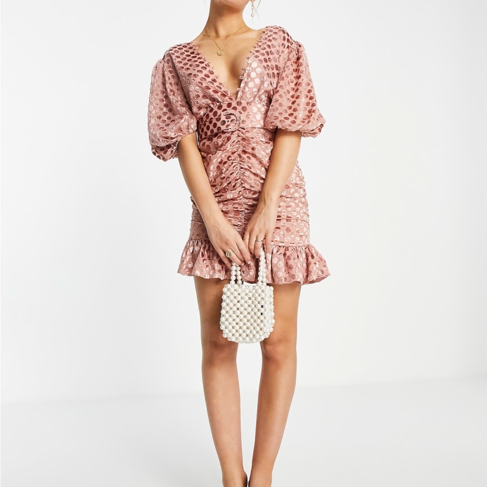 ASOS DESIGN velvet flocked spot mini dress with puff sleeve and belt in pink